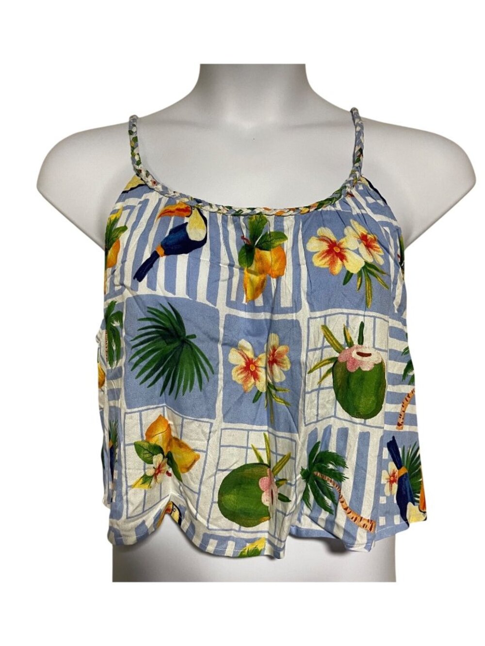 Tropical Print Womens Rayon Blue Cami Tank Top With Toucan & Floral Design  XL